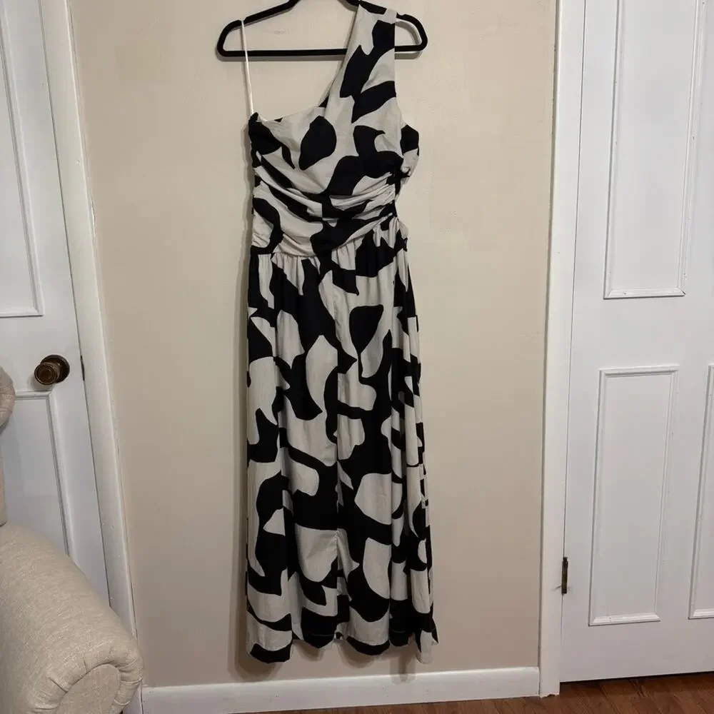 Abercrombie & Fitch Abstract One Shoulder Cut Out Maxi Dress Black White Size L